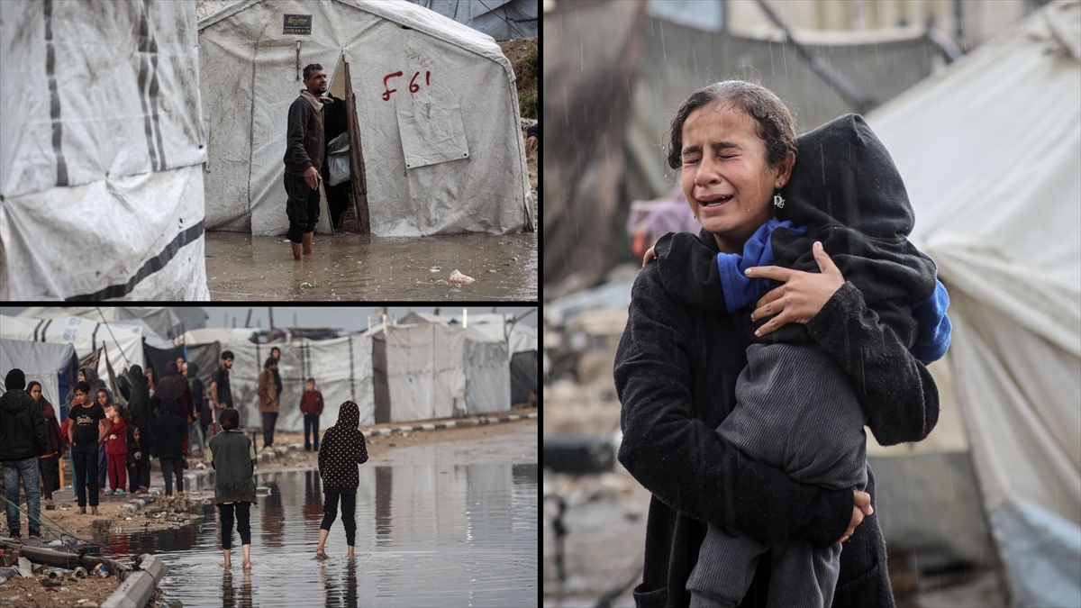 Gazze’de yoğun yağış nedeniyle İsrail saldırılarında evleri yıkılanların kaldığı çadırları su bastı