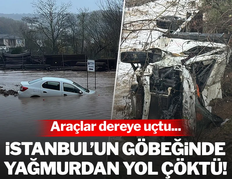 İstanbul’un göbeğinde yağmurdan yol çöktü! Araçlar dereye uçtu