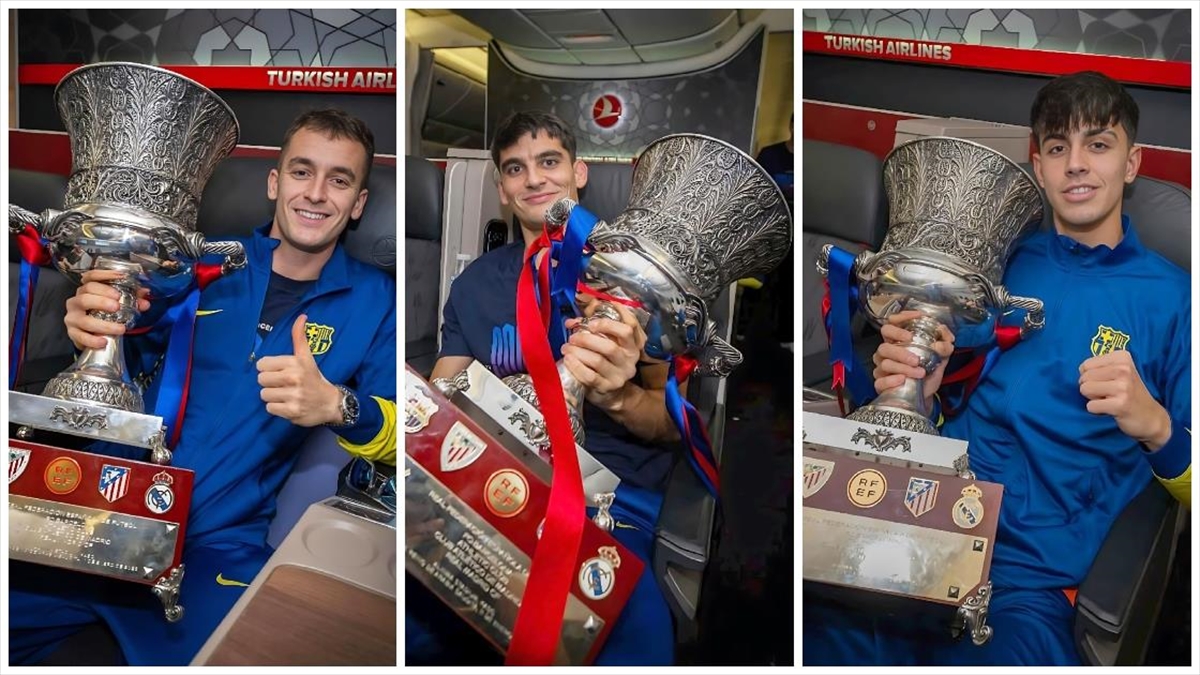 Barcelonalı futbolcular THY uçağında kupa sevinci yaşadı