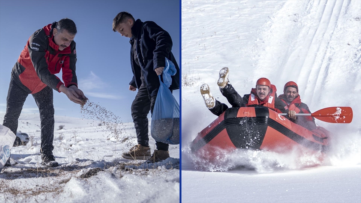 Erzurum’da karlı dağları aşan maceraseverler, doğaya yem bırakıp “kar raftingi” yaptı